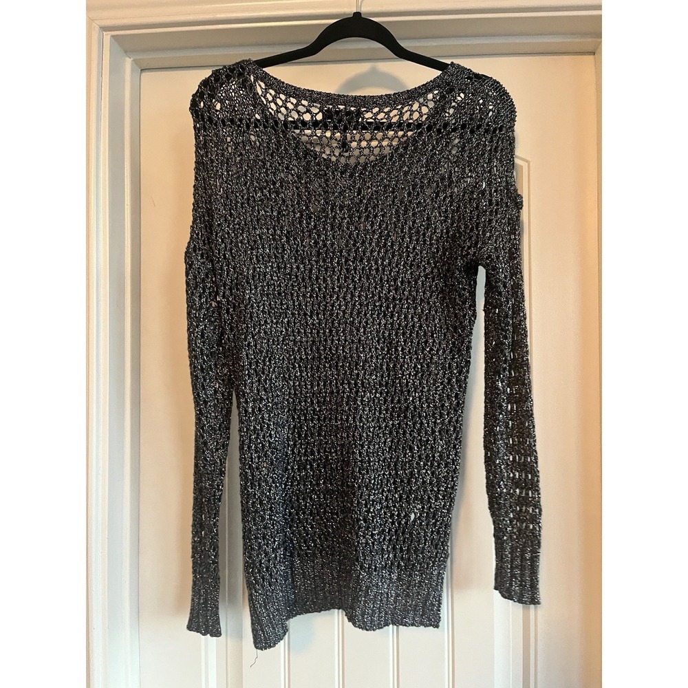 Jans Buffalo Delilah M Black Metallic Open Knit Mesh‎ Sweater Sheer Long Sleeve